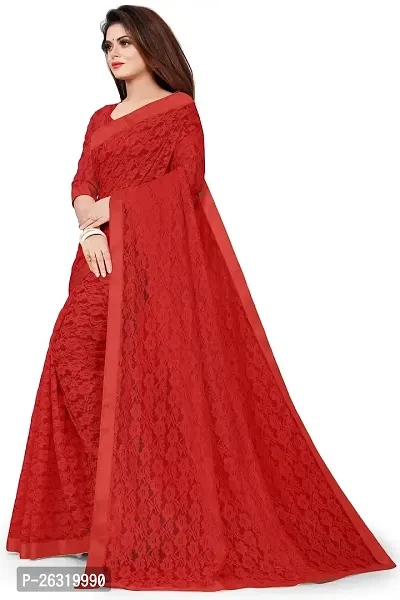 VANRAJ CREATION Women's Net Saree With Unstiched Blouse Piece (RED)-thumb3