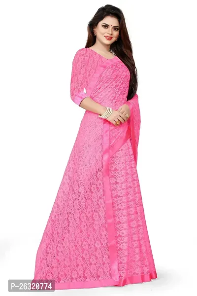 VANRAJ CREATION Women's rasal Net Saree With Unstitched Blouse Piece 004 (Rama) (Pink)-thumb4