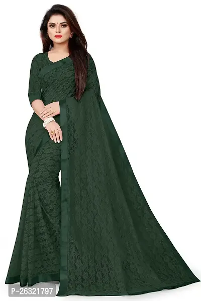 VANRAJ CREATION Women's Net Saree With Unstiched Blouse Piece (GREEN)