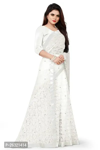 VANRAJ CREATION Women's rasal Net Saree With Unstitched Blouse Piece 007 (White)-thumb3