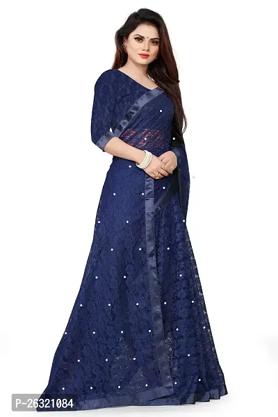 VANRAJ CREATION Women's rasal Net Saree With Unstitched Blouse Piece 007 (Navy Blue)-thumb2