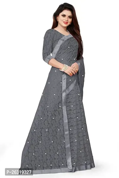 VANRAJ CREATION Women's rasal Net Saree With Unstitched Blouse Piece 007 (Grey)-thumb2