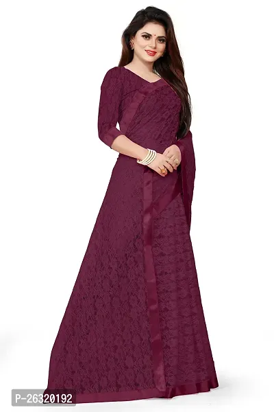 VANRAJ CREATION Women's rasal Net Saree With Unstitched Blouse Piece 004 (Rama) (Maroon)-thumb4