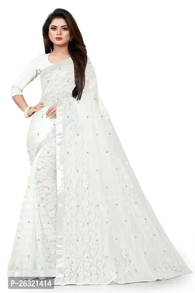 VANRAJ CREATION Women's rasal Net Saree With Unstitched Blouse Piece 007 (White)-thumb0