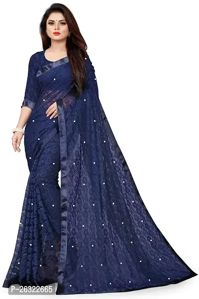 VANRAJ CREATION Women's Net Saree With Unstiched Blouse Piece (NAVY BLUE)-thumb0