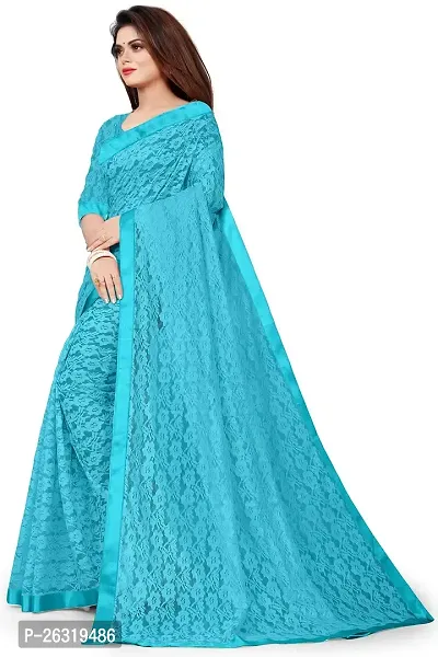 VANRAJ CREATION Women's Net Saree With Unstiched Blouse Piece (SKY BLUE)-thumb3