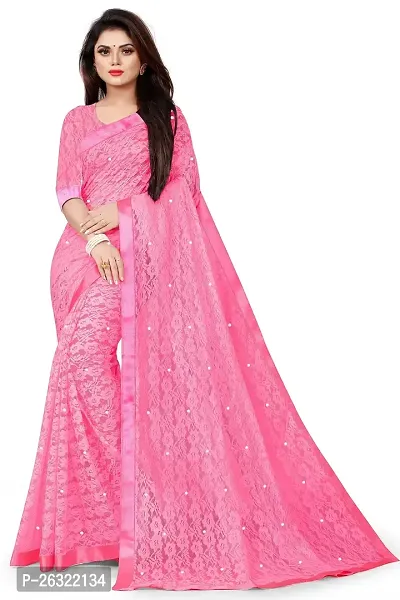 VANRAJ CREATION Women's Net Saree With Unstiched Blouse Piece (PINK)-thumb0