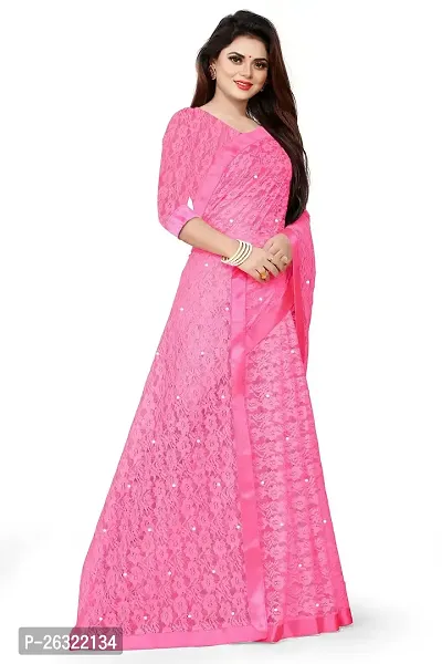 VANRAJ CREATION Women's Net Saree With Unstiched Blouse Piece (PINK)-thumb3