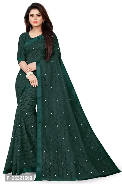 VANRAJ CREATION Women's Net Saree With Unstiched Blouse Piece (RAMA GREEN)-thumb0