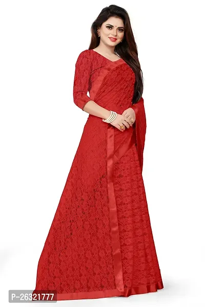 VANRAJ CREATION Women's rasal Net Saree With Unstitched Blouse Piece 004 (Rama) (Red)-thumb4