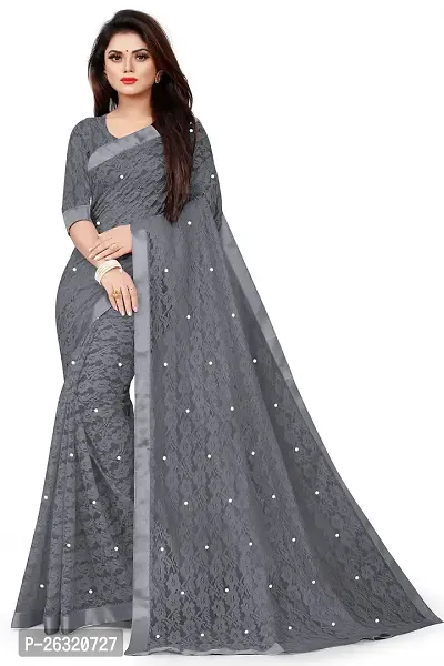 VANRAJ CREATION Women's Net Saree With Unstiched Blouse Piece (GREY)