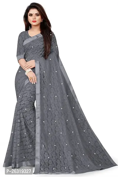 VANRAJ CREATION Women's rasal Net Saree With Unstitched Blouse Piece 007 (Grey)