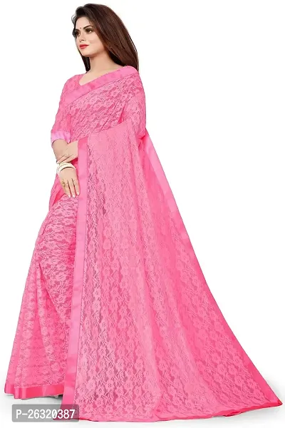 VANRAJ CREATION Women's Net Saree With Unstiched Blouse Piece (PINK)-thumb3