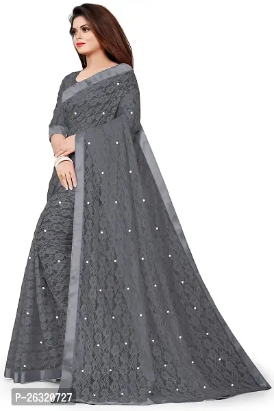 VANRAJ CREATION Women's Net Saree With Unstiched Blouse Piece (GREY)-thumb3