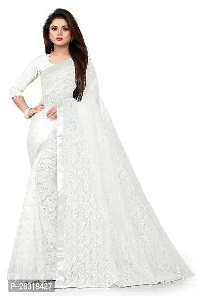 VANRAJ CREATION Women's Net Saree With Unstiched Blouse Piece. (WHITE)-thumb0