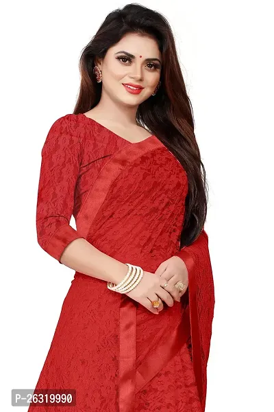 VANRAJ CREATION Women's Net Saree With Unstiched Blouse Piece (RED)-thumb5