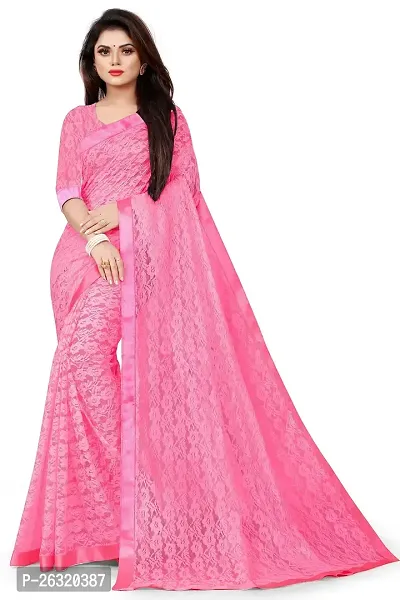 VANRAJ CREATION Women's Net Saree With Unstiched Blouse Piece (PINK)