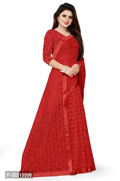 VANRAJ CREATION Women's Net Saree With Unstiched Blouse Piece (RED)-thumb4