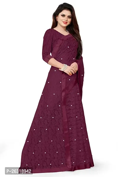 VANRAJ CREATION Women's rasal Net Saree With Unstitched Blouse Piece 007 (Maroon)-thumb2