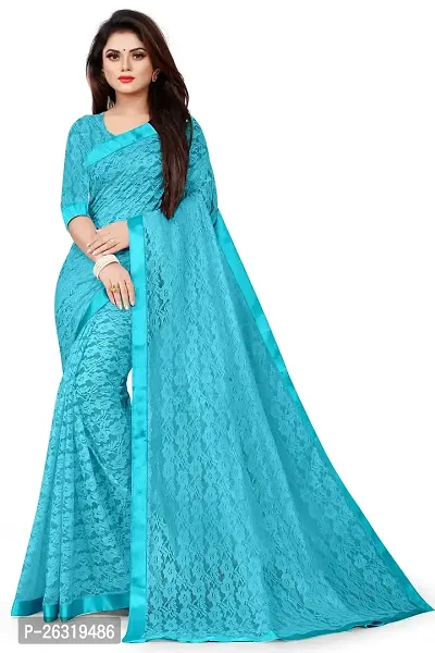 VANRAJ CREATION Women's Net Saree With Unstiched Blouse Piece (SKY BLUE)-thumb0