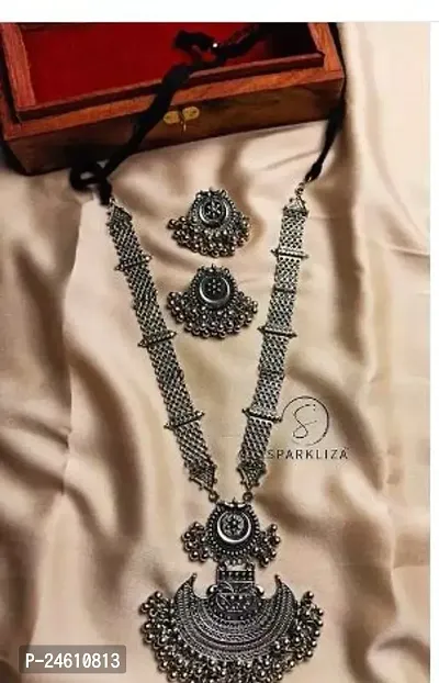 Trending Jewllery Set Sparkliza Silver Brass Long Ranihaar With Small Stud Moon Design New Trend For Girls And Women