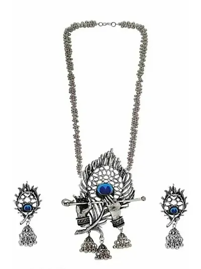 Designer Style Silver Alloy Long Necklace And Earrings Set