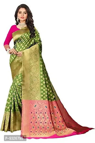 JUST FASHION Women's Mehendi Traditional Banarasi Art Silk Zari work Saree With Blouse Piece (JFBN09_Mehendi)