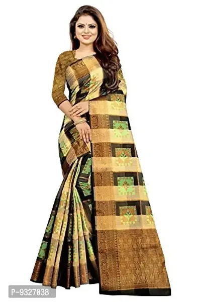 JUST FASHION Women's Green Checkered Banarasi Cotton Zari work Saree With Blouse Piece (JFBN94_Green)-thumb0