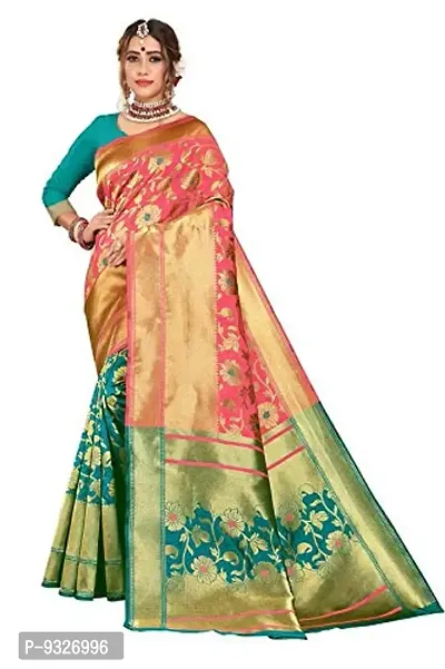 JUST FASHION Women's Pink Half and Half Banarasi Art Silk Zari work Saree With Blouse Piece (FPBN55_Pink)