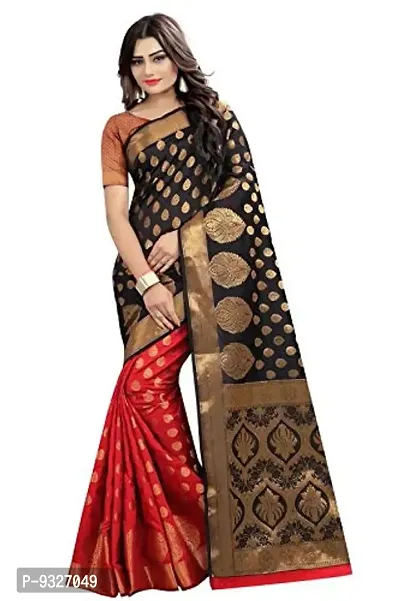 JUST FASHION Women's Black Half and Half Banarasi Art Silk Zari work Saree With Blouse Piece (FPBN75_Black)-thumb0