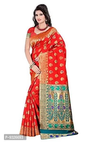 JustFashion Women's Red Banarasi Silk Saree With Blouse Piece