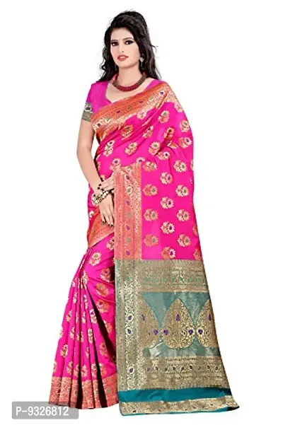 JustFashion Women's Pink Banarasi Silk Saree With Blouse Piece