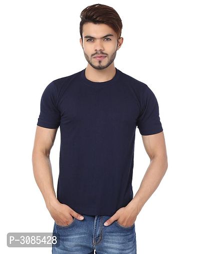 Men's Navy Blue Cotton Solid Round Neck Tees