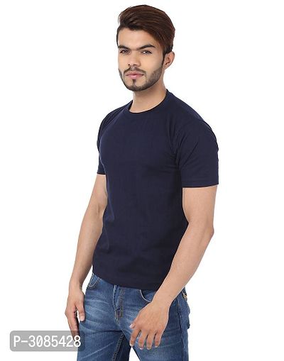 Men's Navy Blue Cotton Solid Round Neck Tees-thumb2