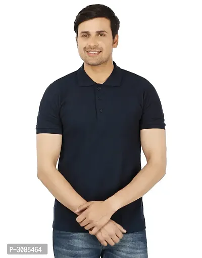 Men's Navy Blue Cotton Solid Polos