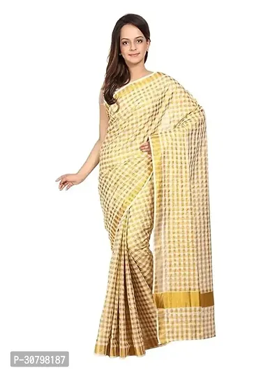 Kerala Traditional Womens Kasavu cotton Tissue Saree With Running Blose Off-White Gold Zari Checked-thumb2