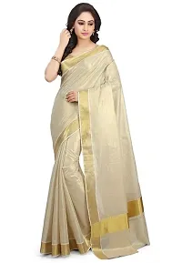 Kerala Traditional Womens Kasavu cotton Tissue Saree With Running Blose Off-White Gold Zari Checked-thumb2