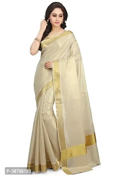 Kerala Traditional Womens Kasavu cotton Tissue Saree With Running Blose Off-White Gold Zari Checked-thumb3