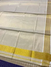 Kerala Traditional Womens Kasavu cotton Tissue Saree With Running Blose Off-White Gold Zari Checked-thumb1