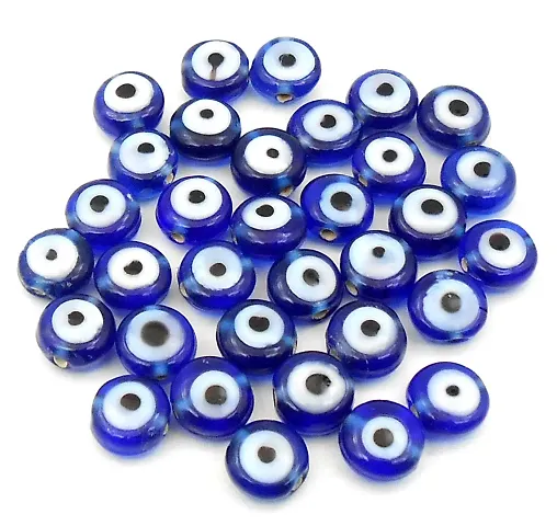 Jaz's Handmade-Hand Crafted Bllue Colour Round Flat 8x5mm Evil Eye Beads-Dark Evil Eye Beads Nazar Evil Eye Beads for Bracelet-Necklace-Size 8x5mm Pack of 36 pcs.