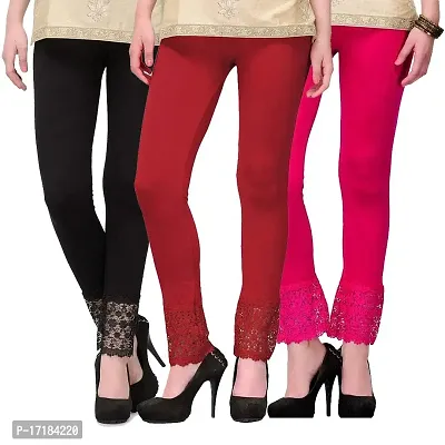 GulGuli LACE Regular Leggings for Women Combo (Black, Maroon and Pink)-thumb2