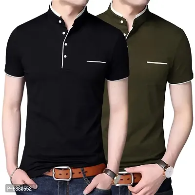 Stylish Cotton Black And Mehndi Green Solid Half Sleeves Henley Neck T-shirt For Men- Pack Of 2