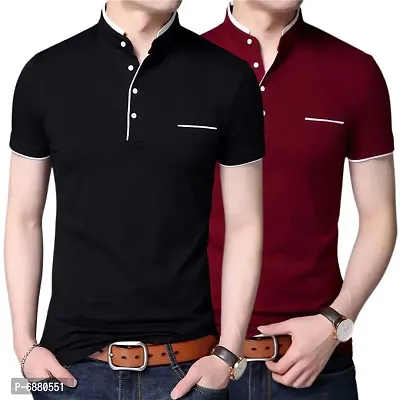 Stylish Cotton Black And Maroon Solid Half Sleeves Henley Neck T-shirt For Men- Pack Of 2-thumb0