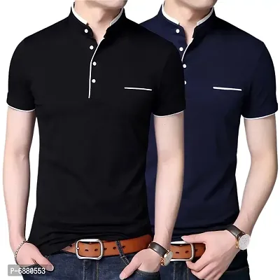 Stylish Cotton Black And Navy Blue Solid Half Sleeves Henley Neck T-shirt For Men- Pack Of 2