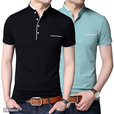 Stylish Cotton Black And Turquoise Solid Half Sleeves Henley Neck T-shirt For Men- Pack Of 2