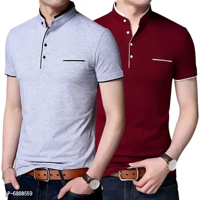 Stylish Cotton Grey And Maroon Solid Half Sleeves Henley Neck T-shirt For Men- Pack Of 2
