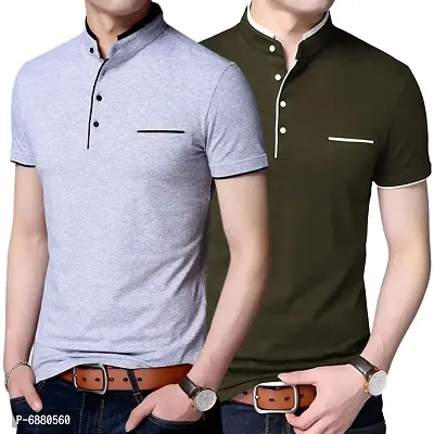 Stylish Cotton Grey And Mehndi Green Solid Half Sleeves Henley Neck T-shirt For Men- Pack Of 2-thumb0