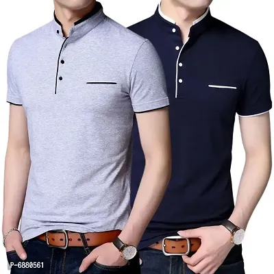 Stylish Cotton Grey And Navy Blue Solid Half Sleeves Henley Neck T-shirt For Men- Pack Of 2