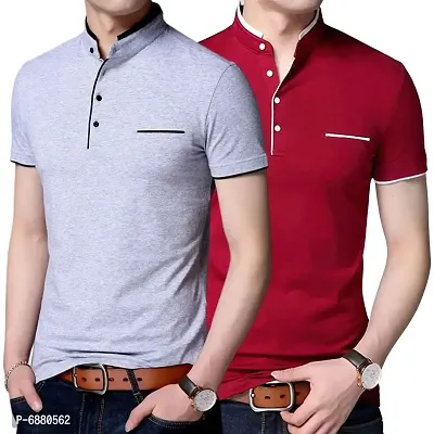 Stylish Cotton Grey And Red Solid Half Sleeves Henley Neck T-shirt For Men- Pack Of 2-thumb0