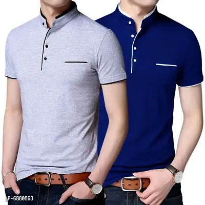Stylish Cotton Grey And Royal Blue Solid Half Sleeves Henley Neck T-shirt For Men- Pack Of 2-thumb0